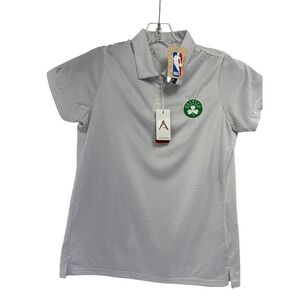 Boston Celtics /Antigua Womens Medium White W/Grey Stripes Polo Shirt (E9) NWTs